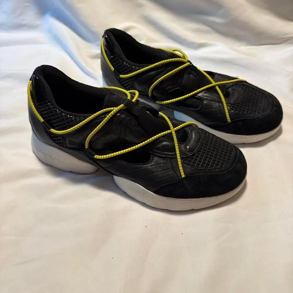 DKNY Black Leather Bungee Lace Sneakers Chunky Sole Women's 10